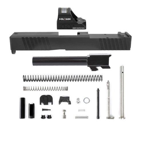 Complete Glock® 17 Compatible Slide w/ Front & Rear Serrations (& RMR Cut) - Black w/ Stainless, Black, Threaded or Non-Threaded Barrel + Holosun 507C-X2